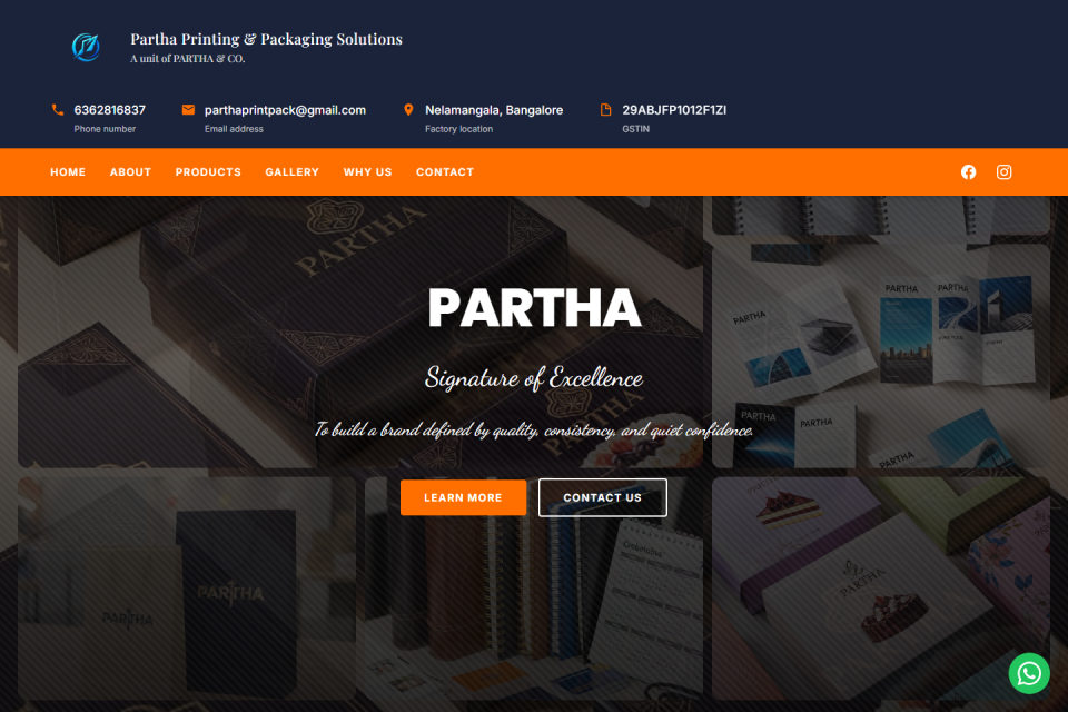 Partha Printing & Packaging Solutions website homepage